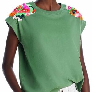 Vibrant Floral Embroidered Green Tee